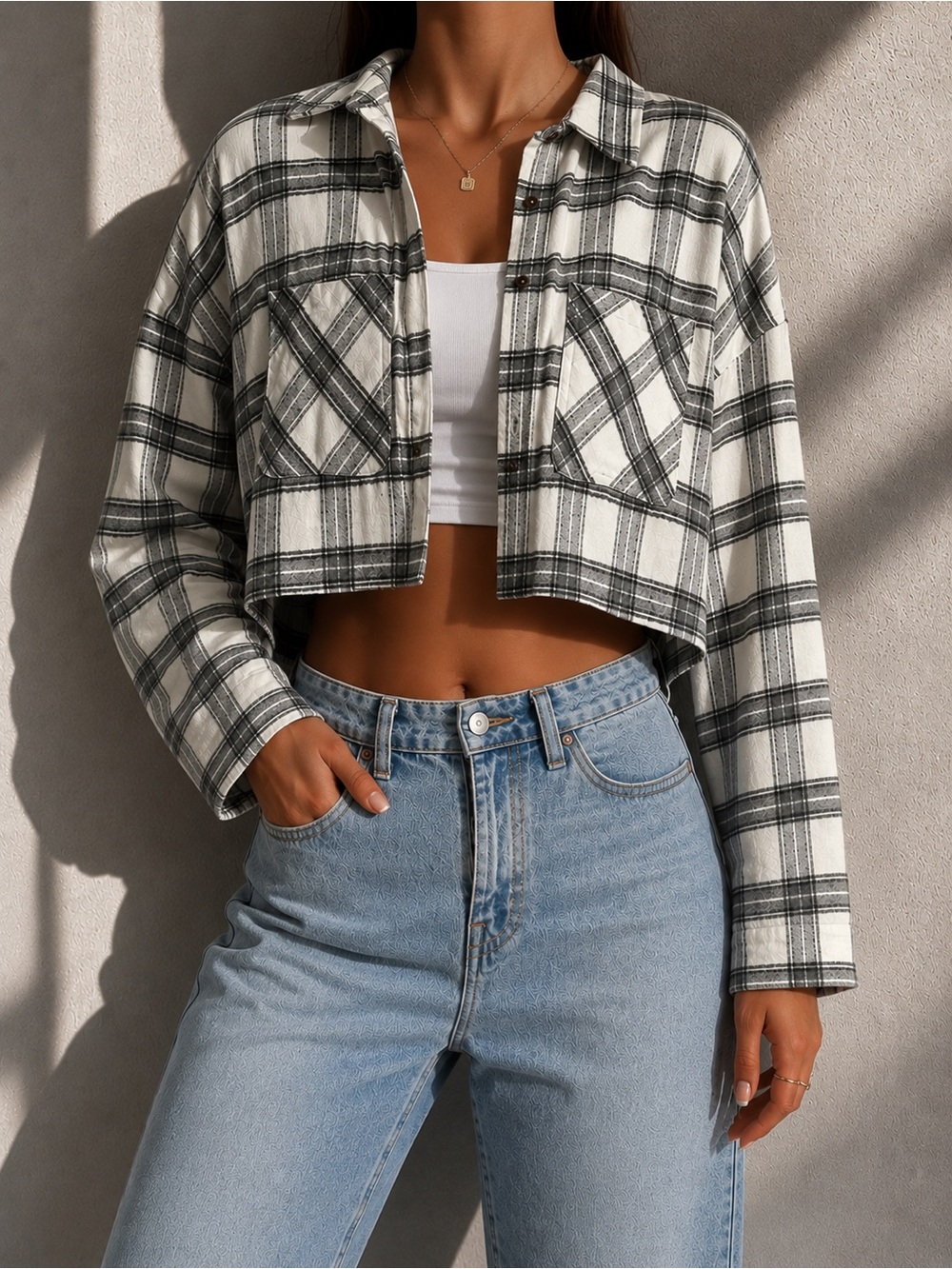 Cropped Plaid Flannel Shacket White Gray Oversized Cozy Button Up